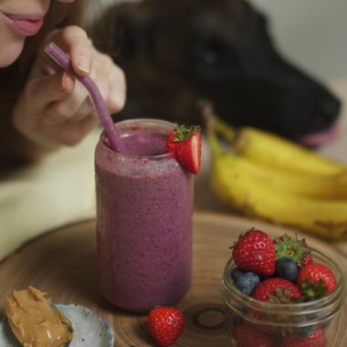 PB&J dog-friendly smoothie taking a sip