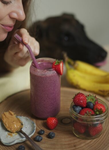 PB&J dog-friendly smoothie taking a sip