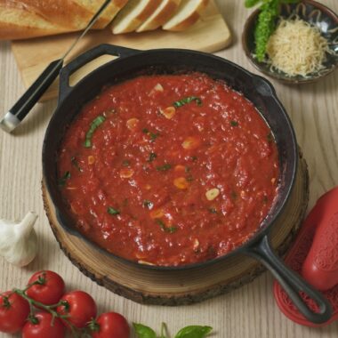 Marinara sauce served in cast-iron skillet.
