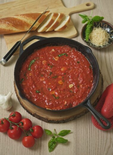 Marinara sauce served in cast-iron skillet.