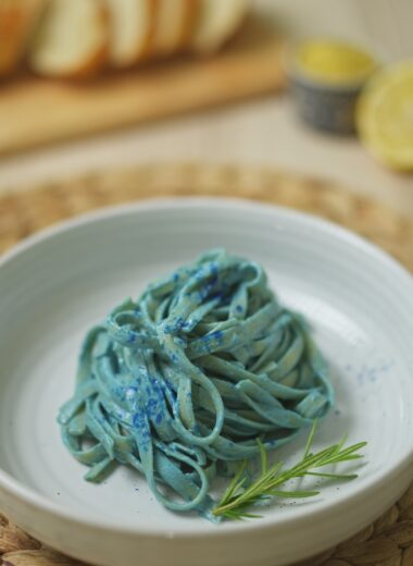 Smurf Sauce pasta plated