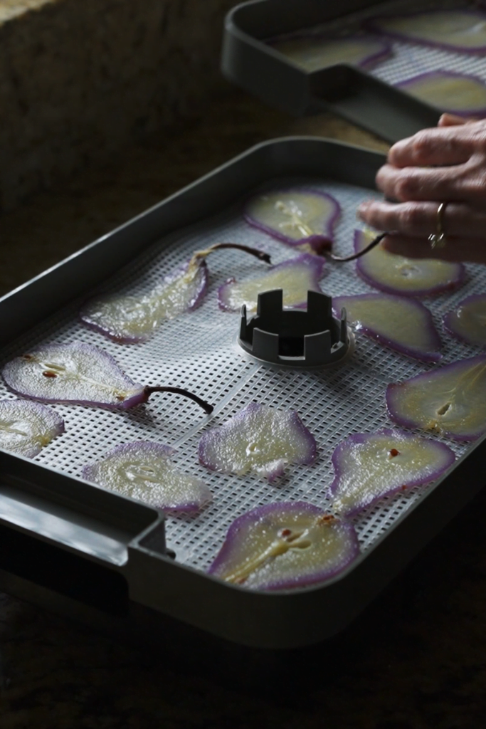 glass pear chips ready for dehydrator