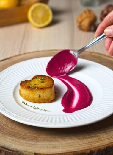 Serving heart shaped fondant potato.