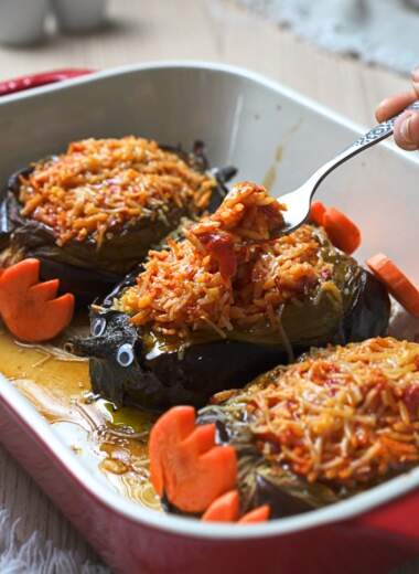 Eating orzo stuffed eggplant.
