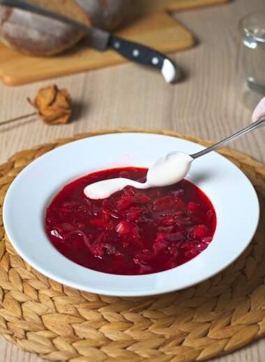 Serving vegan borscht.