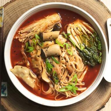 Bowl of 20 minute vegan kimchi soup.