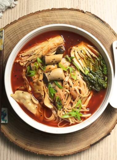 Bowl of 20 minute vegan kimchi soup.