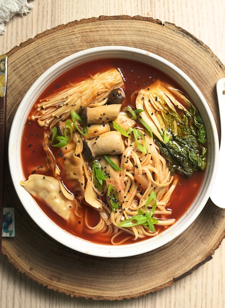 Bowl of 20 minute vegan kimchi soup.