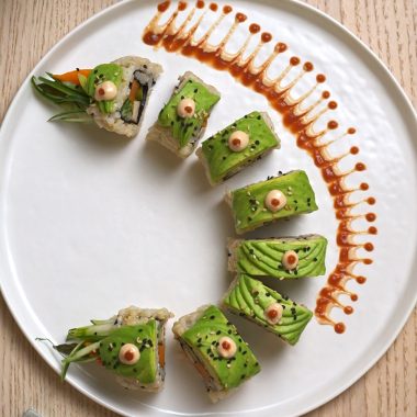 Overhead shot of vegan caterpillar roll.