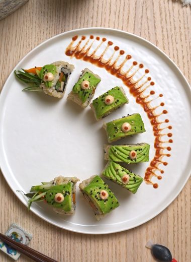 Overhead shot of vegan caterpillar roll.