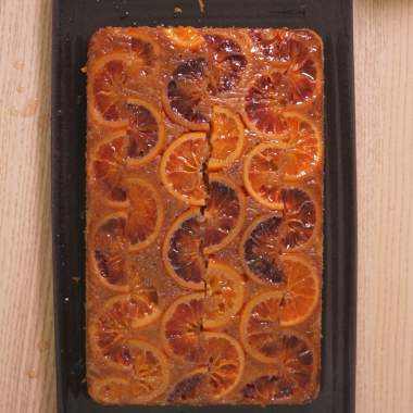 blood orange upside down cake on serving platter